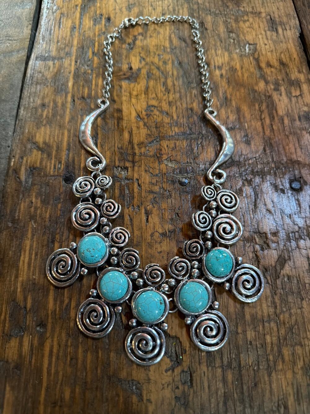 Silver tone & faux turquoise statement necklace heavy hammered metal
